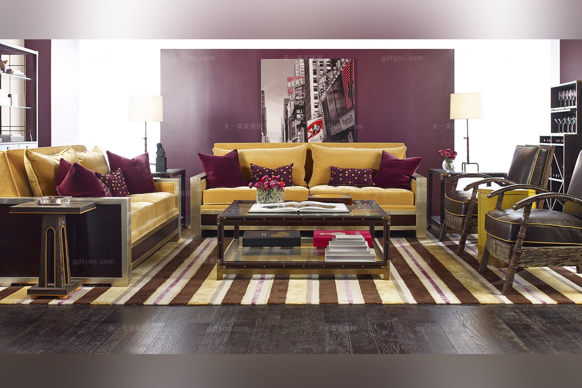 高端品牌美式黃色布藝三位沙發