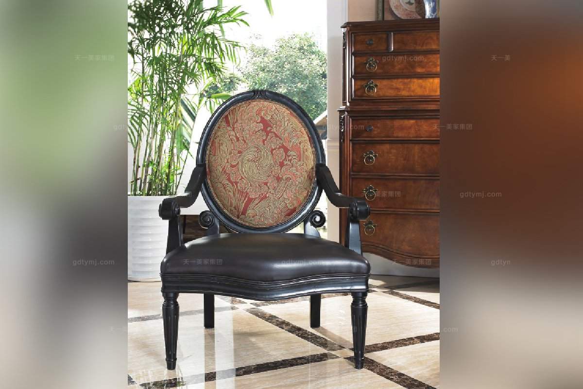 高端實木家具美式皮布結合休閑椅