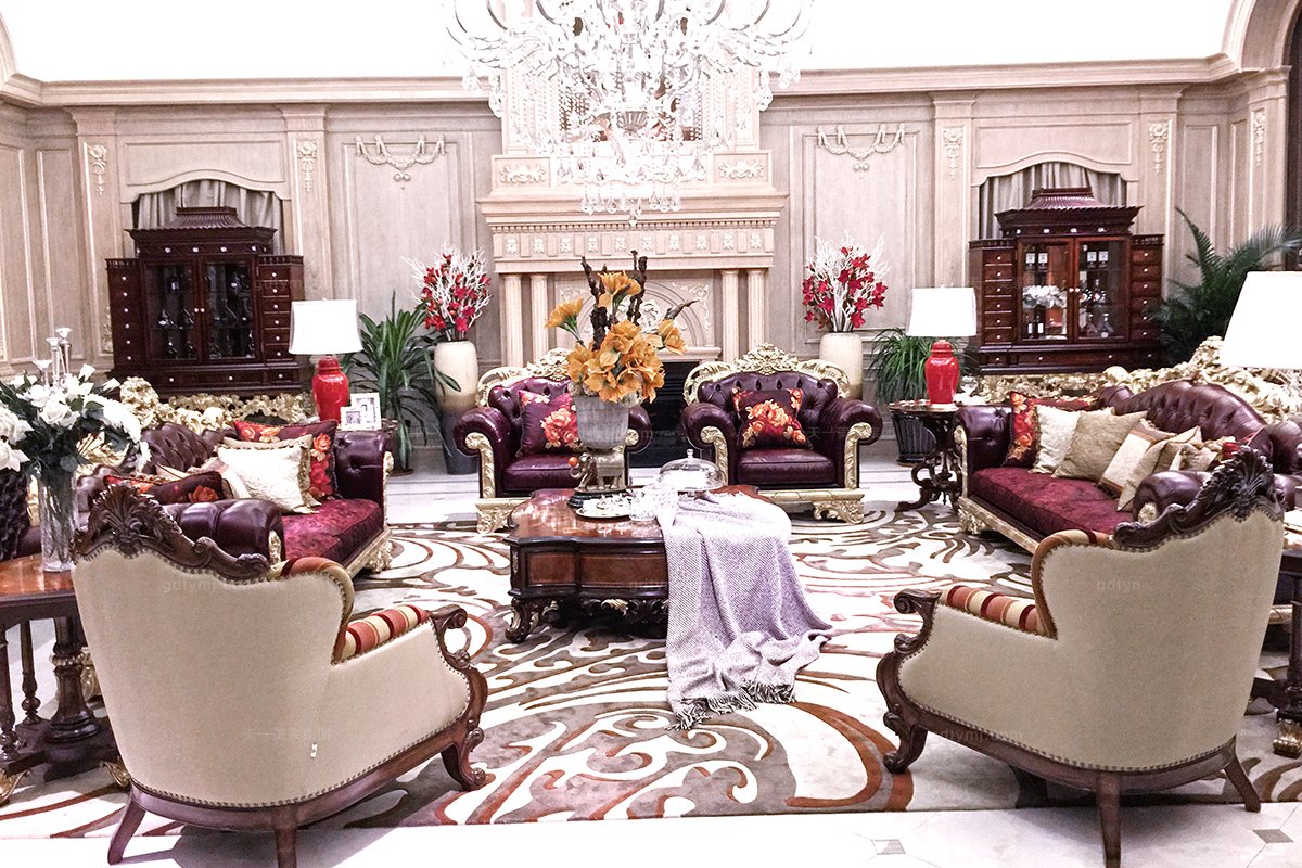 高端奢華會所家具雕花皮布三人沙發