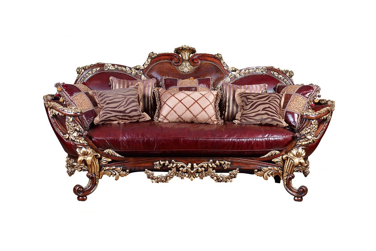 高端家具美式精致雕花二位真皮沙發