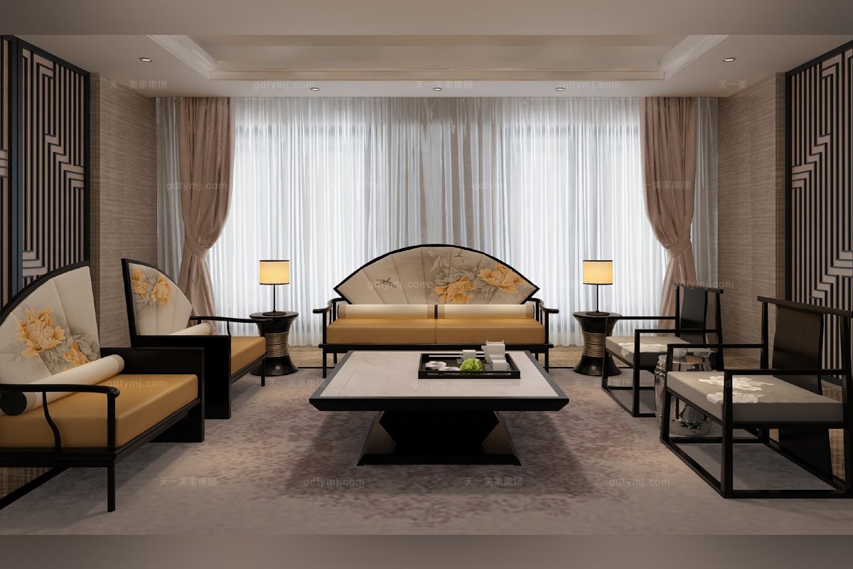 高端新中式牡丹扇單人沙發