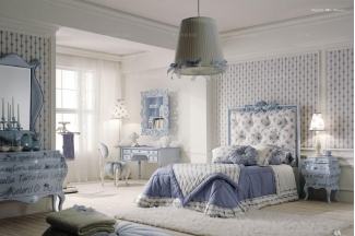 北京高端別墅家具Volpi 意大利進(jìn)口高端時尚法式淺藍(lán)色雕花雙人床