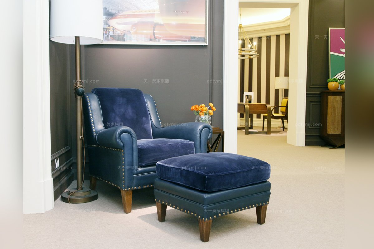 高端時尚簡約美式鄉村家具真皮藍色休閑椅