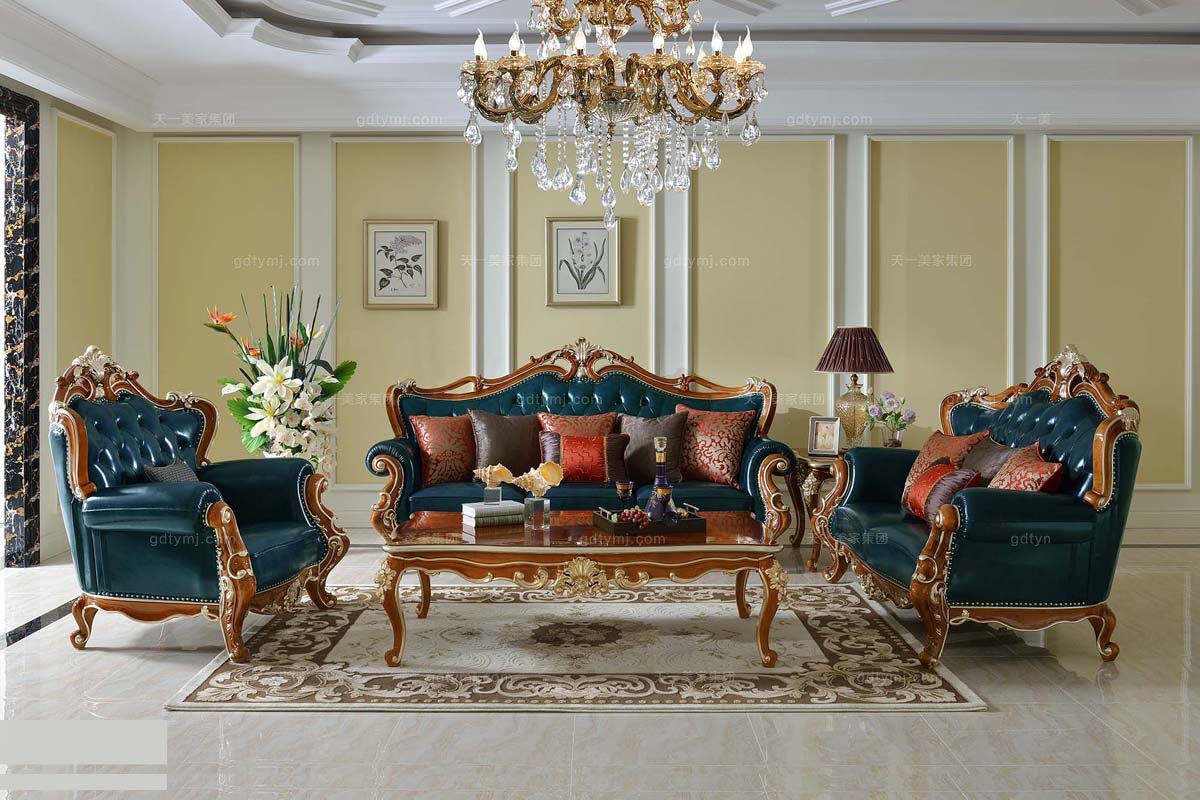 國際高端家具品牌法式實木藏藍色真皮沙發