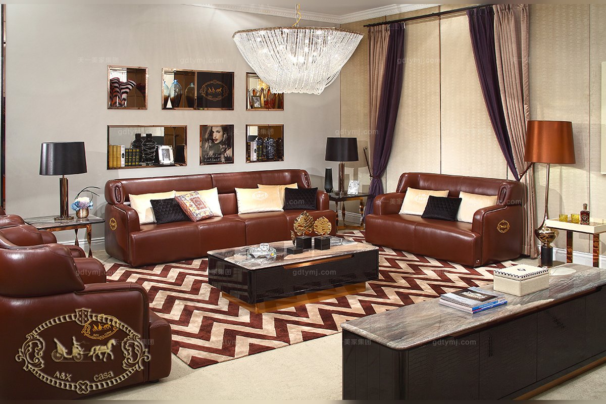 高端奢華大氣別墅家具酒紅色真皮四位沙發