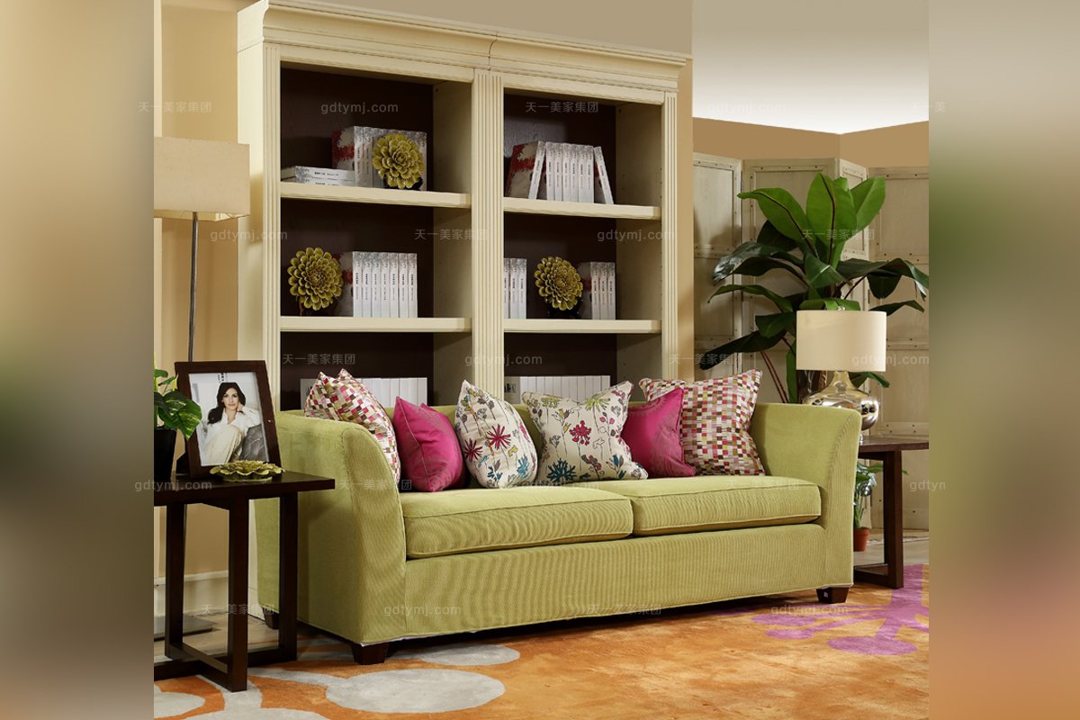 高端別墅家具美式綠色布藝三位沙發