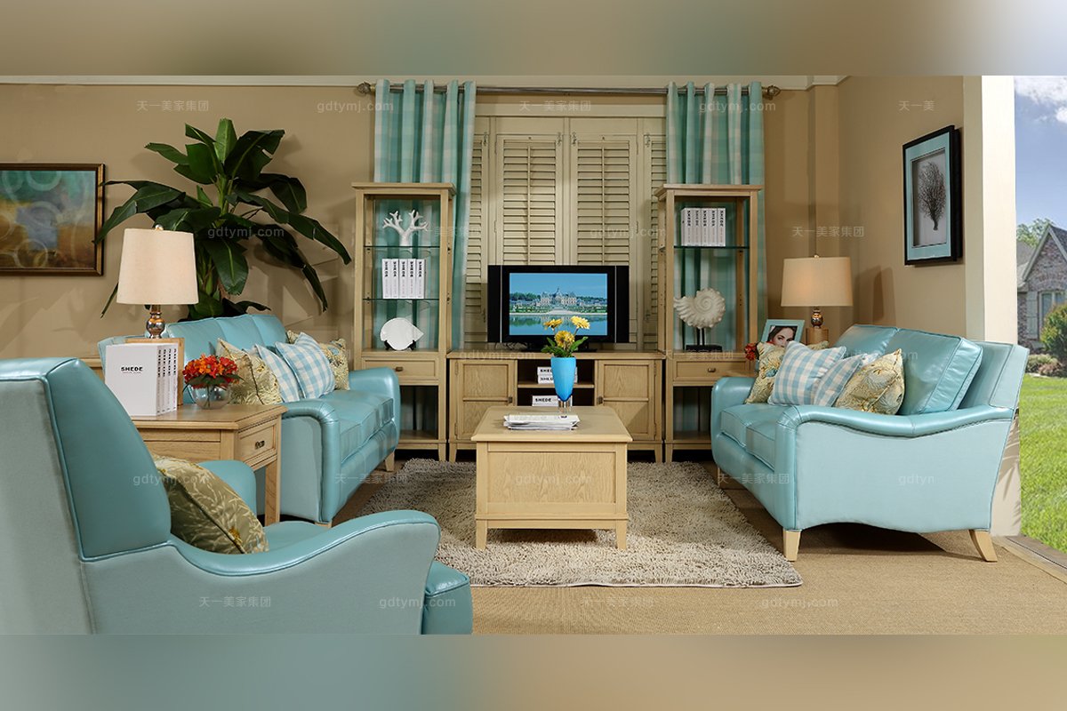 高端別墅家具美式藍色真皮雙人位沙發