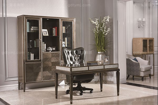 高端現(xiàn)代輕奢書(shū)房家具實(shí)木書(shū)房書(shū)桌灰色木皮拼花真皮書(shū)椅書(shū)桌系列1+1+1書(shū)桌椅書(shū)柜組合