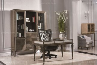 高端現代輕奢書房家具實木書房書桌灰色木皮拼花真皮書椅書桌系列