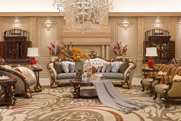 高端奢華新古典客廳家具實木雕花桃花芯直紋真皮沙發組合