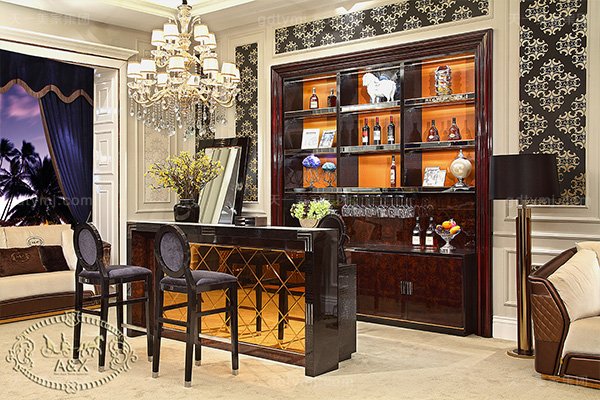高端后現代輕奢家具黑鱷紋+黑牛角+桃木紋飾面吧臺椅酒柜組合