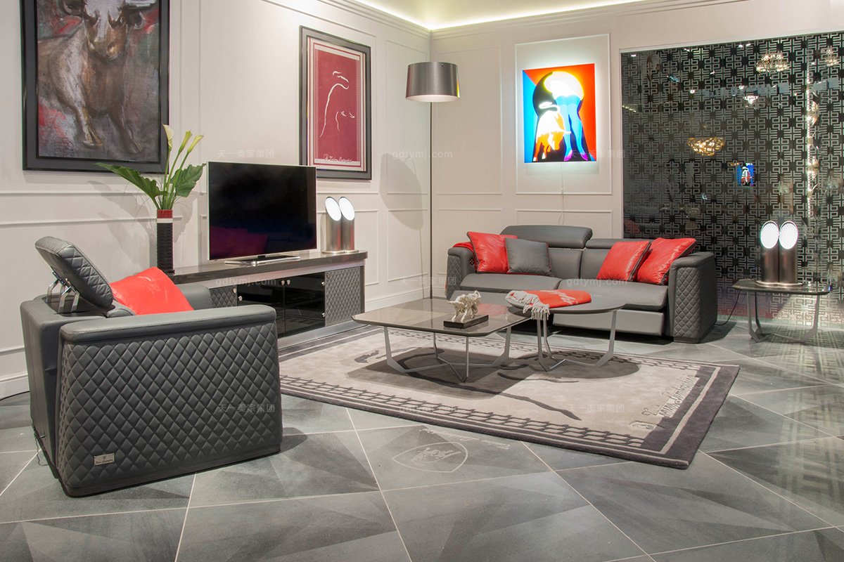 名貴奢華豪華家具品牌客廳輕奢現代灰色舒適功能真皮沙發組合車格子場景2