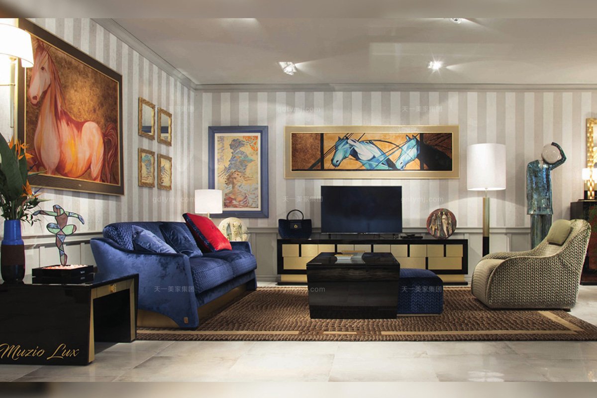 高端奢華時尚家具品牌客廳輕奢深藍色布藝沙發+電視柜茶幾組合