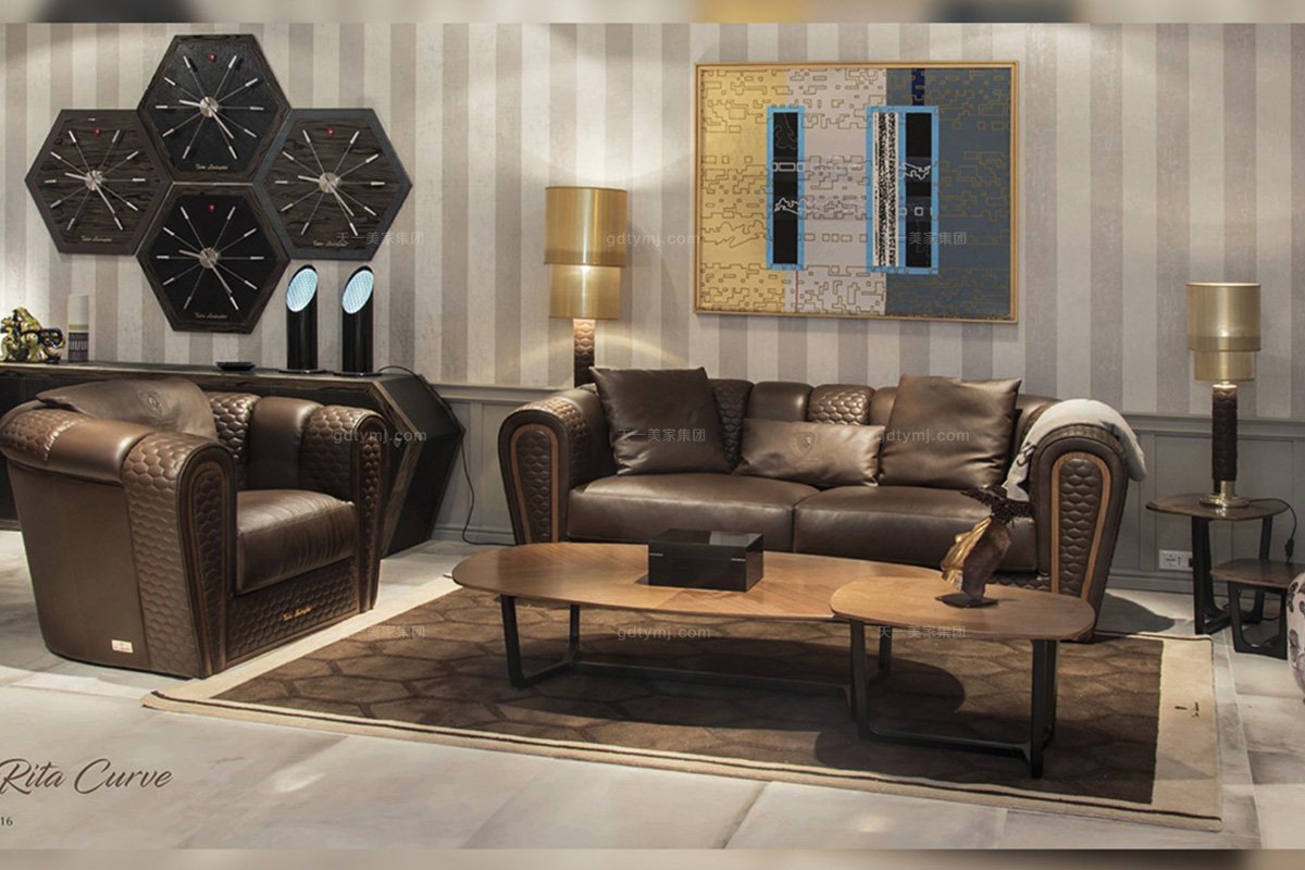 高端別墅豪華家具品牌客廳輕奢現代深咖色真皮車格子單雙人位沙發組合雙人位沙發