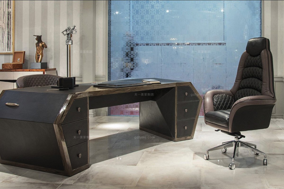 高端奢華大氣別墅家具品牌書房輕奢家具實木框架黑色辦公書桌椅組合辦公椅