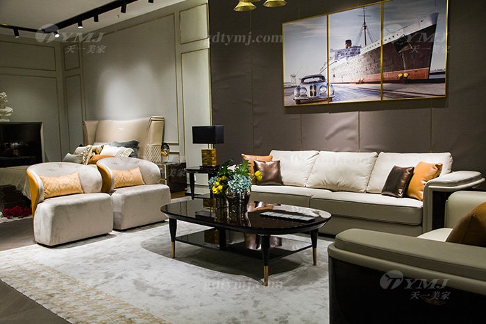 輕奢后現代別墅家具品牌廠家客廳米色真皮沙發組合