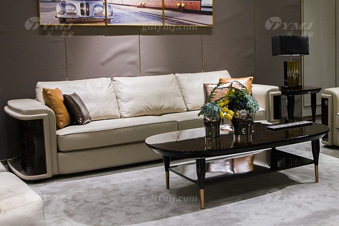 輕奢后現代別墅家具品牌廠家客廳米色真皮沙發組合四人位沙發