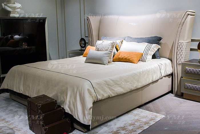 輕奢后現代家具別墅家具品牌臥室米色真皮軟包雙人大床床