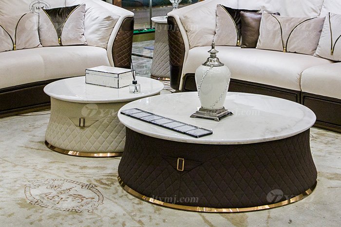 高端奢華家具別墅品牌輕奢后現代客廳真皮布藝沙發組合大圓幾