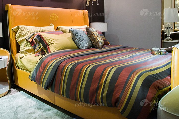 高端別墅豪華家具輕奢后現代品牌臥室愛馬仕橙真皮大床床