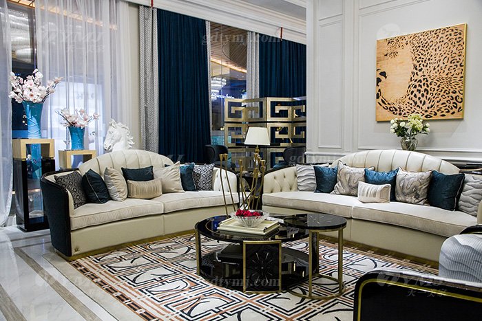 輕奢現代家具品牌高端奢華會所別墅家具客廳實木黑檀真皮沙發組合