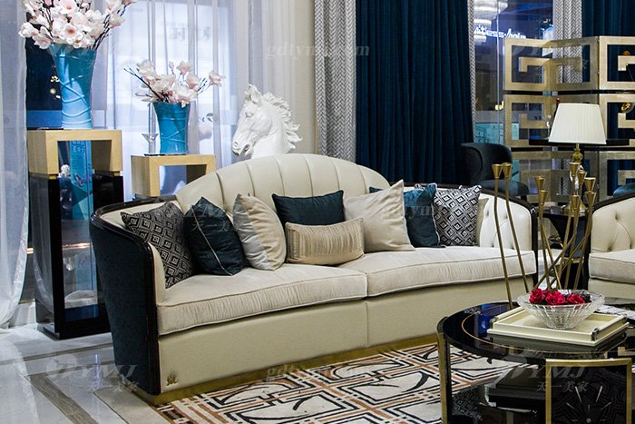 輕奢現代家具品牌高端奢華會所別墅家具客廳實木黑檀真皮沙發組合三人位沙發