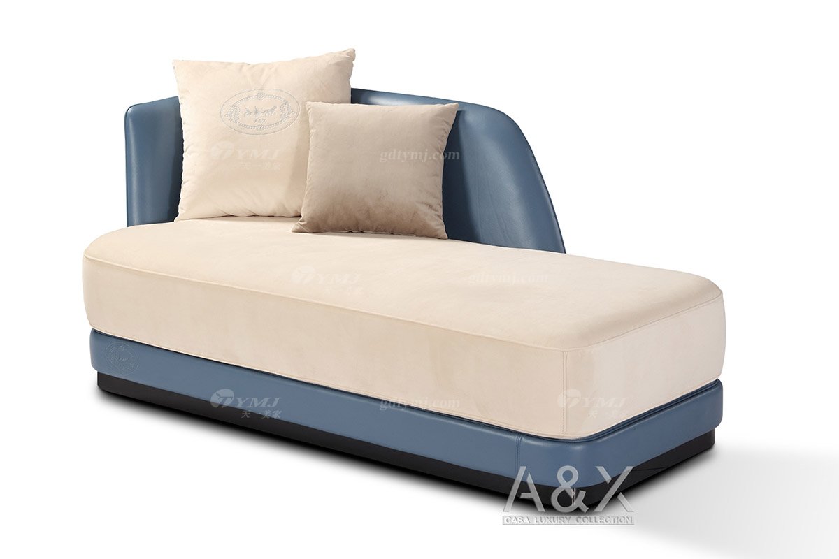 高端別墅家具品牌輕奢后現代海圖藍色進口真皮臥室大床妝臺組合系列貴妃椅