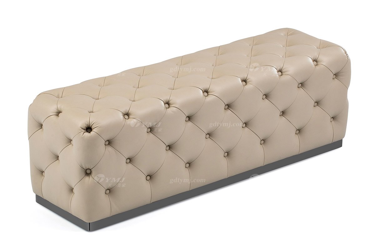 高端別墅會所家具時尚樣板間家具輕奢后現代臥室真皮雙人大床系列床尾凳