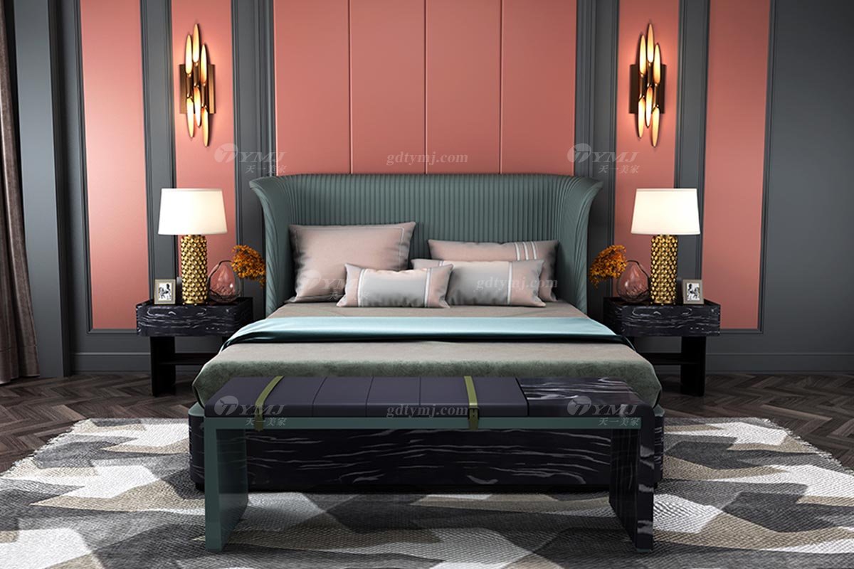 奢華別墅家具時尚奢華樣板間家具輕奢后現代臥室絨面黑蝴蝶綠色雙人大床系列