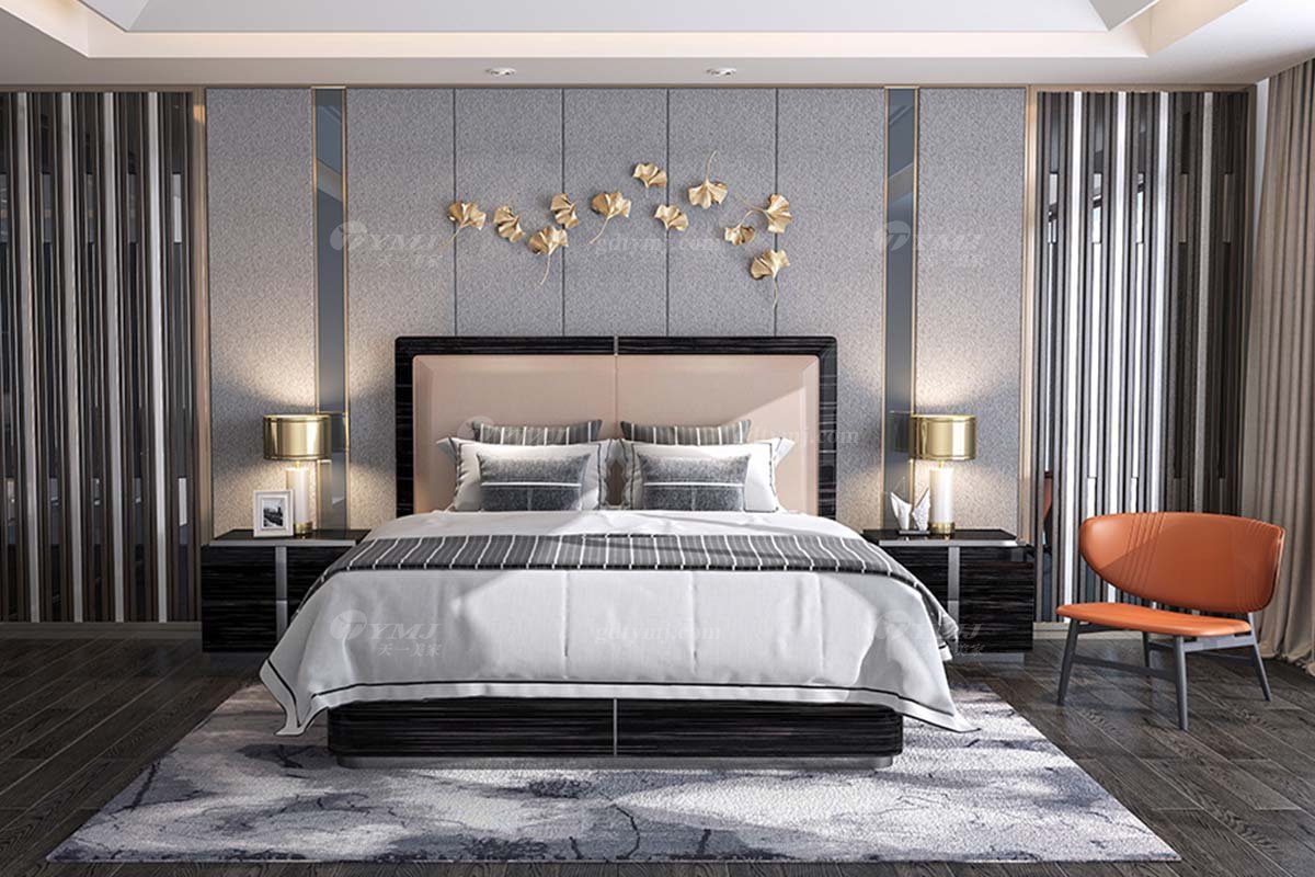 奢華別墅家具時尚奢華樣板間家具輕奢后現代臥室黑檀雙人大床系列