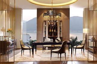 奢華別墅家具品牌高端樣板間家具輕奢后現(xiàn)代餐廳時(shí)尚黑亮茶玻玫瑰金餐桌椅組合系列
