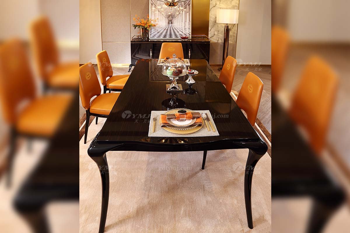 奢華會所家具品牌高端樣板間家具輕奢后現(xiàn)代時尚愛馬仕橙頭層皮餐椅金絲黑檀餐桌組合餐桌