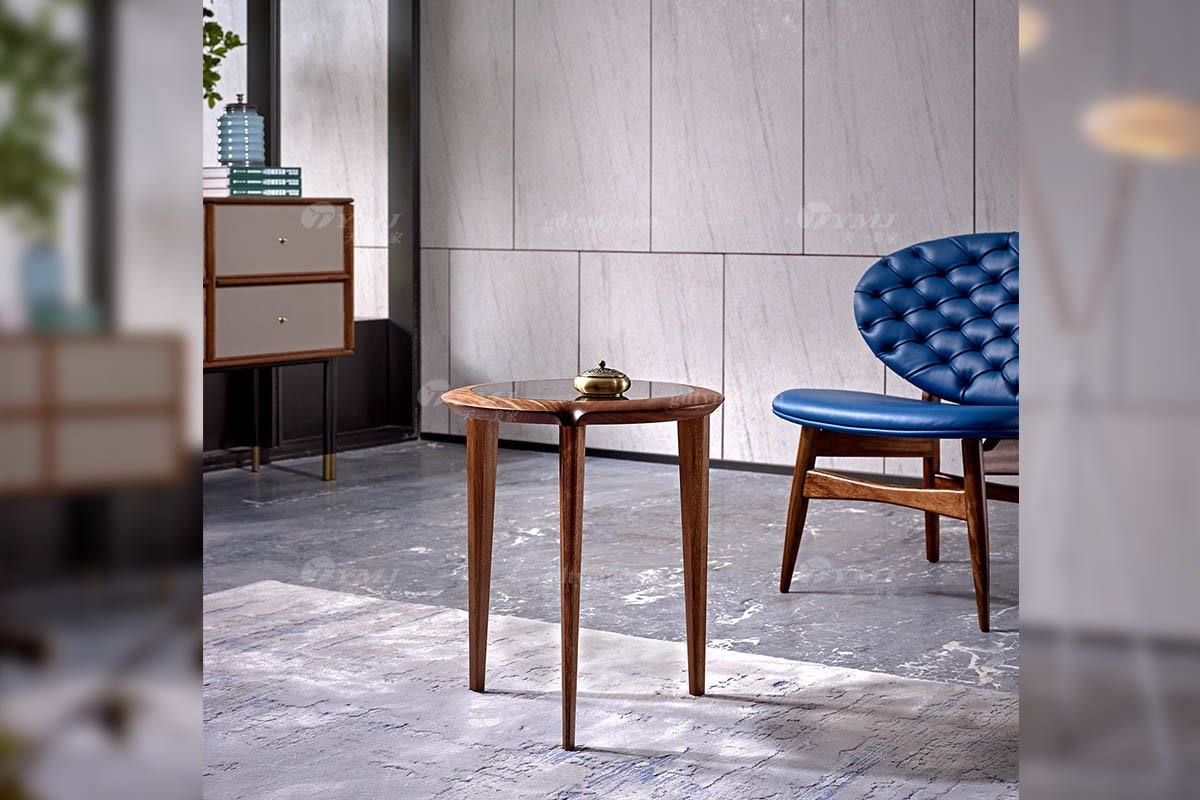 高端會所家具品牌奢華樣板房家具輕奢新中式風(fēng)格胡桃色實(shí)木圓幾