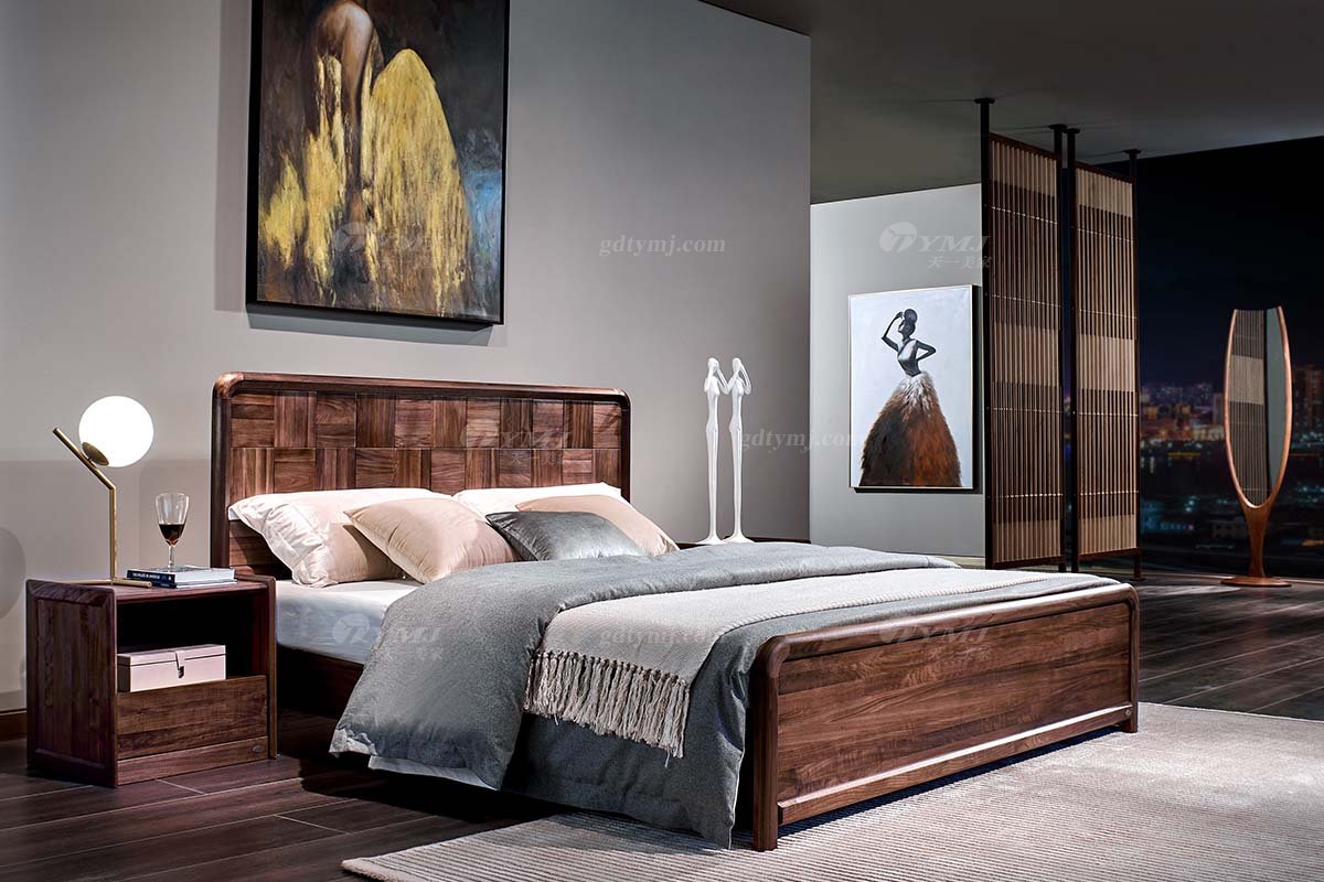 高端會所別墅家具品牌樣板房家具輕奢新中式風格黑胡桃實木家具大床系列