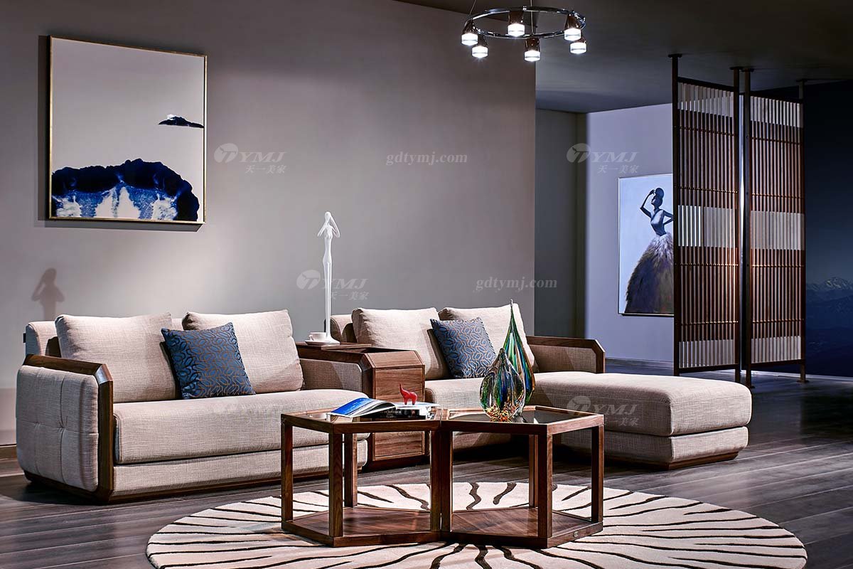 高端別墅會所家具品牌樣板房家具輕奢新中式風格黑胡桃高彈高密度海綿優質布