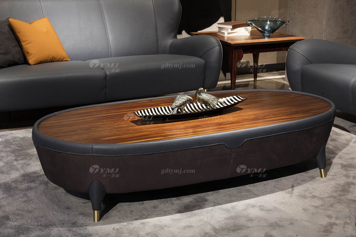 高端別墅會所家具品牌輕奢新中式風客廳高彈高密度海綿時尚黑色頭層皮沙發系列茶幾