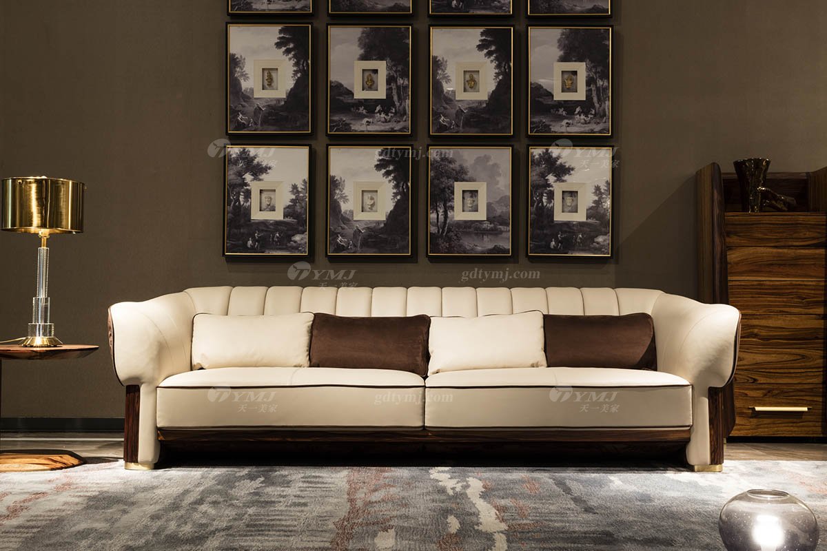高端豪宅會所家具品牌輕奢新中式風客廳家具高彈高密度海綿實木真皮沙發系列四位沙發