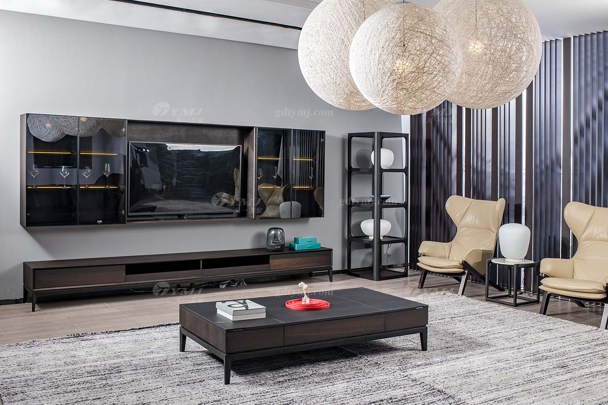 意大利極簡別墅豪宅家具品牌現代簡約客廳家具實木煙熏色電視柜茶幾吊柜組合