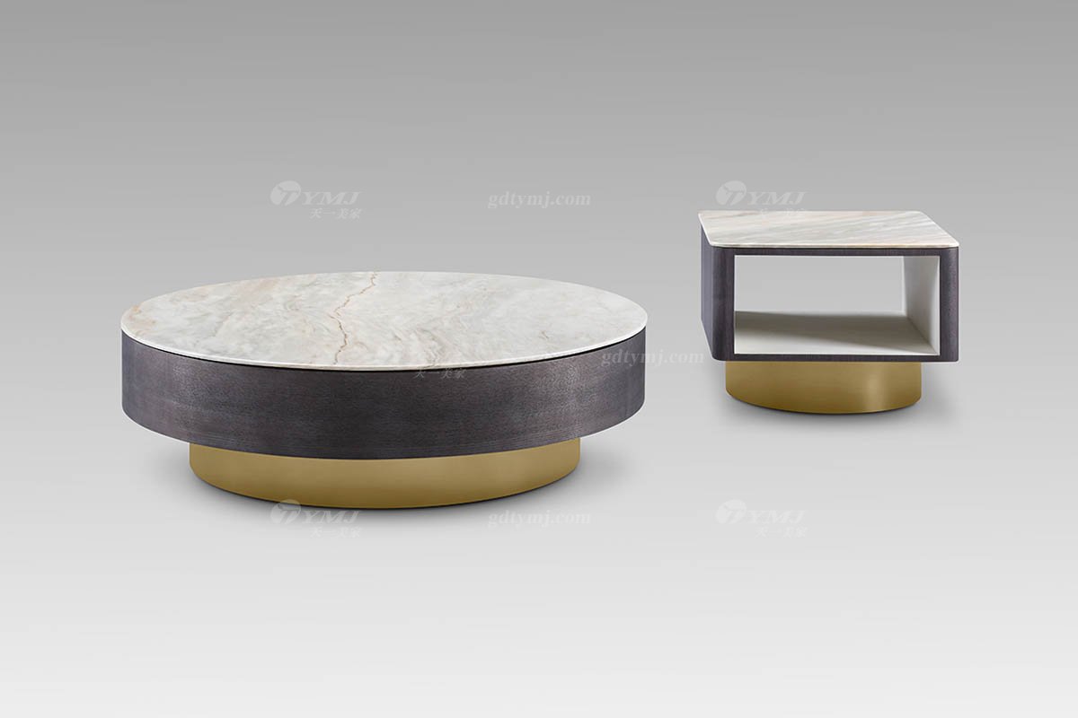 高端會所現代輕奢家具高級大理石+灰橡色小方幾小方幾LT2815-3組合