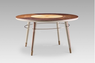 現代輕奢別墅會所家具時尚胡桃色+尼斯色真皮圓餐桌