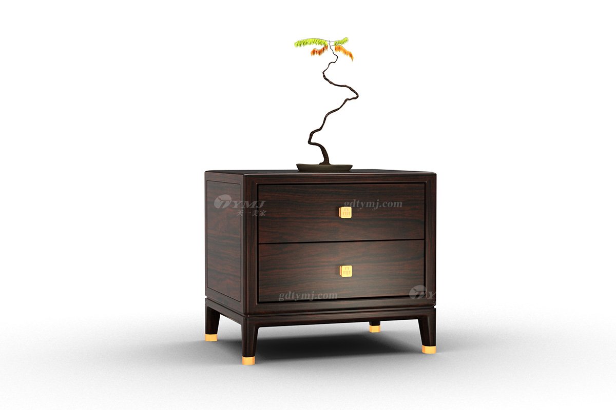 高端別墅家具時(shí)尚新中式輕奢全紅木黑酸枝實(shí)木配黃銅金屬床頭柜