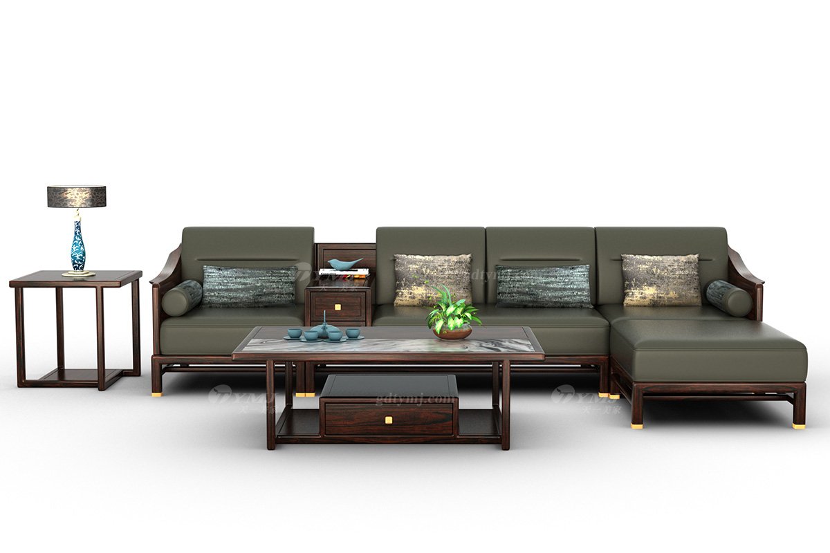 高端別墅家具時尚新中式輕奢全紅木黑酸枝木意大利真皮轉角沙發轉角沙發H-PGZSF組合