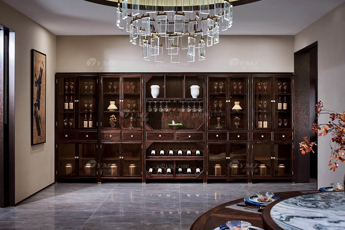 高端會(huì)所別墅家用家具大氣新中式輕奢全紅木黑酸枝實(shí)木酒柜紅酒柜H-PDJG組合