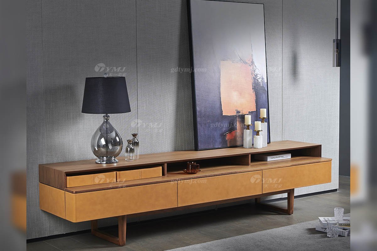 現代時尚輕奢家具品牌客廳馬鞍皮藝+北美黑胡桃實木電視柜DF-06電視柜