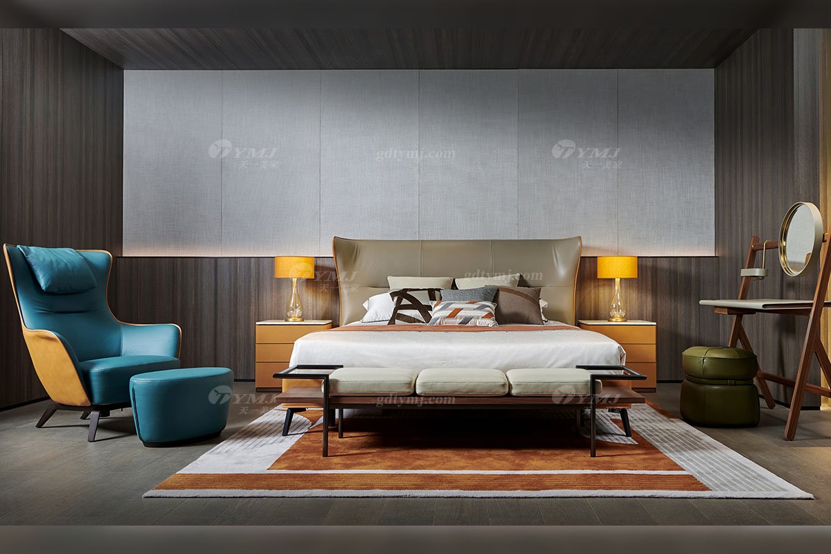 現在時尚輕奢別墅家具品牌高端臥室大理石皮藝+黑胡桃實木床頭柜B-01床頭柜場景