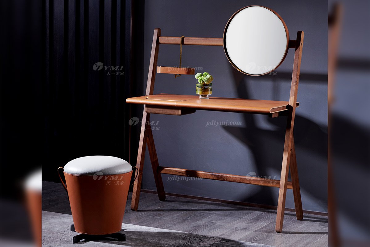 現代別墅家具時尚輕奢橙色馬鞍皮藝妝凳D-03妝凳場景1