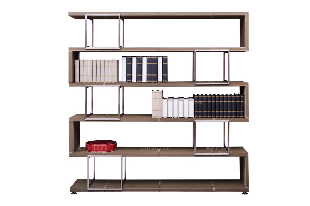 現代輕奢家具品牌別墅家具書房馬鞍皮藝+金屬書柜展示柜