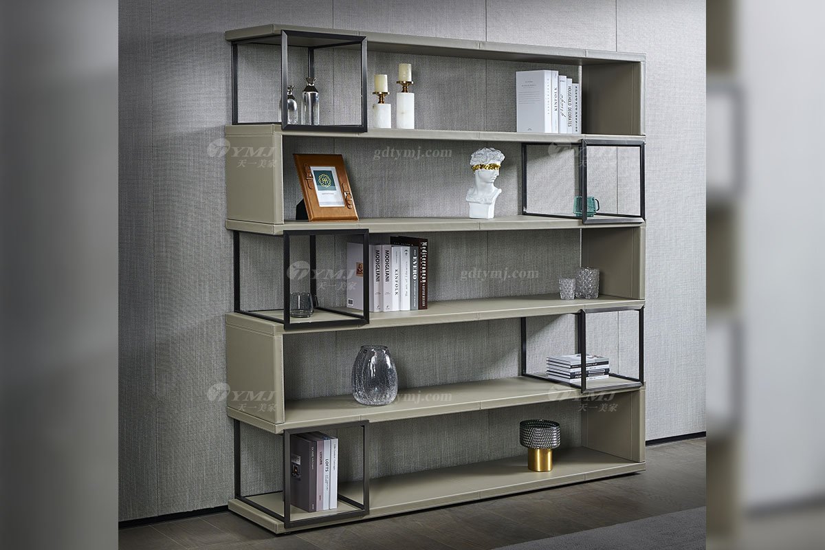 現代輕奢家具品牌別墅家具書房馬鞍皮藝+金屬書柜展示柜S-08展示柜場景
