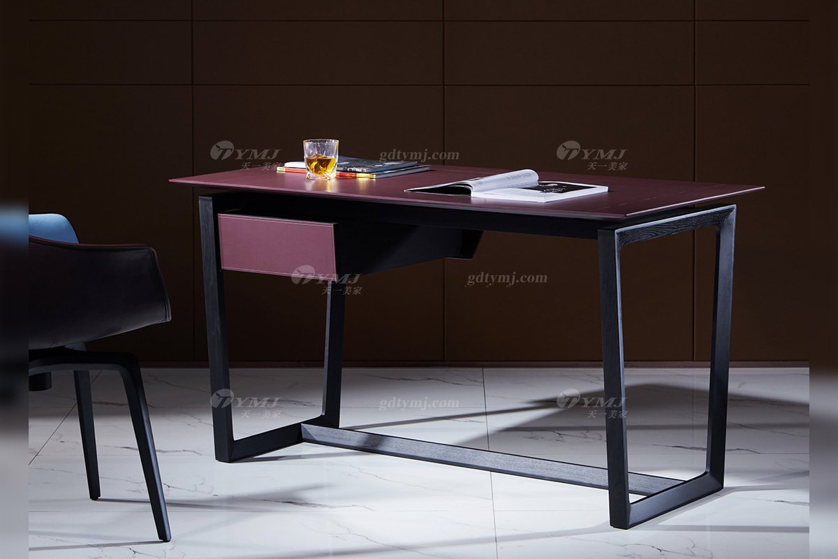 現代輕奢家具高端別墅家具品牌時尚馬鞍皮藝+進口白蠟實木書桌SZ-01書桌場景1