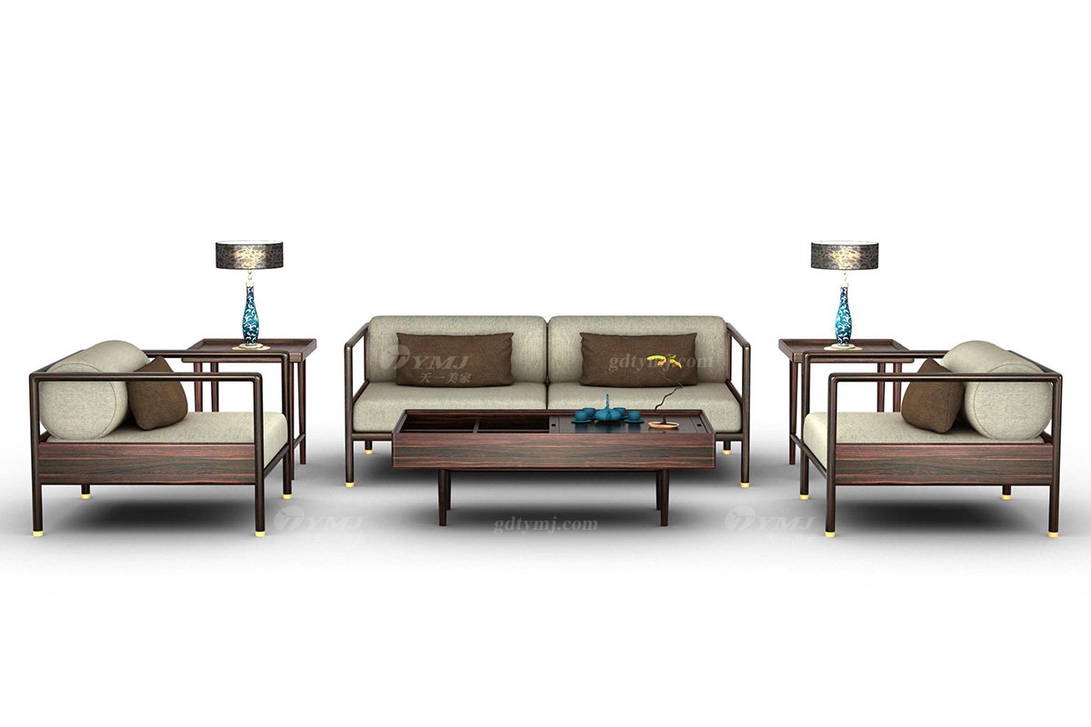 新中式家具風格品牌別墅會所家具高端進口烏金木實木三位沙發H-TBSF33 -G三位沙發場景